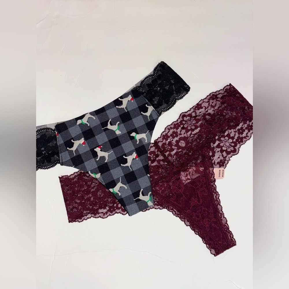 Victoria’s Secret Lace Thong Set (2-Pack) – Plaid Dog & Burgundy Lace Small NWT